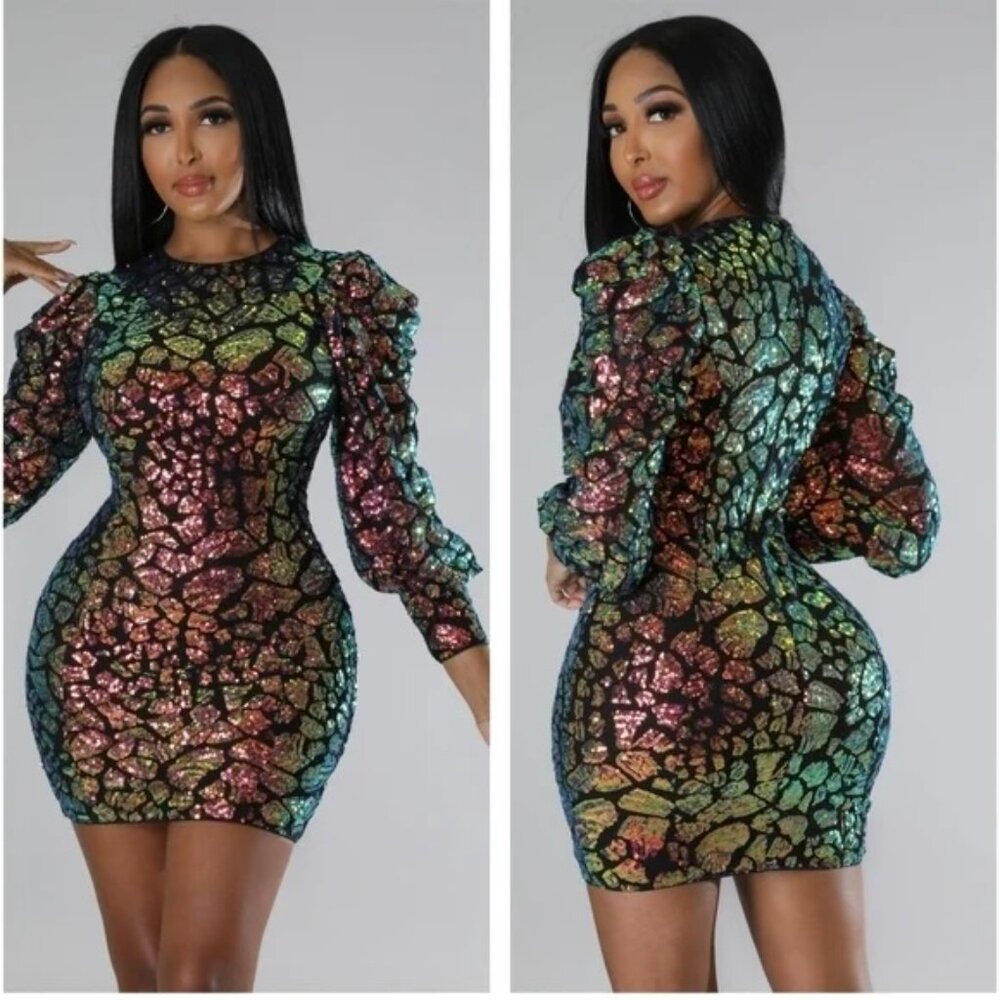 NEW! Multicolor Sequin Puff Shoulder Long Sleeve Bodycon Mini Dress - Picture 6 of 6